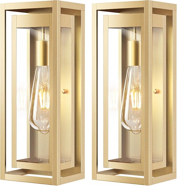 15" Large Gold Outdoor Light Fixture Wall Mount, 2 Pack Waterproof Outdoor Sconces, Modern Wall Lights with Clear Glass Shade for Front Door, Porch, Garage