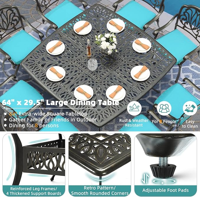 MEETWARM 9-Piece Outdoor Patio Dining Set for 8, All Weather Cast Aluminum Patio Funiture Table and Chairs Set- Large 64" Square Table, 4 Swivel Rocker Chairs, 4 Stationary, Umbrella Hole, Ocean Blue