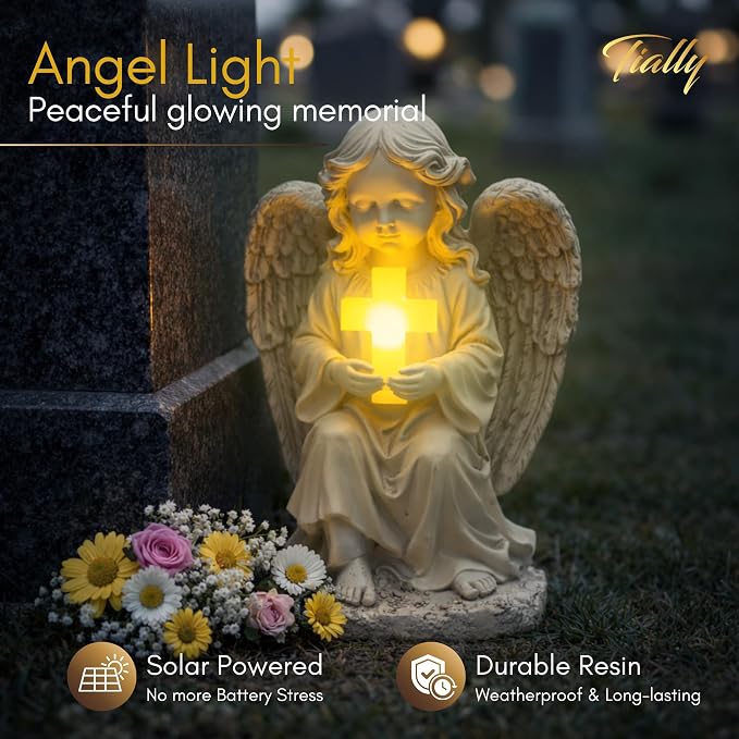 Solar Angel Garden Statue with Cross, 12" Memorial Cemetery Guardian Light | Bright all-night warm glow, true-to-size 12in, weatherproof resin built to last - not flimsy plastic; lights up every night