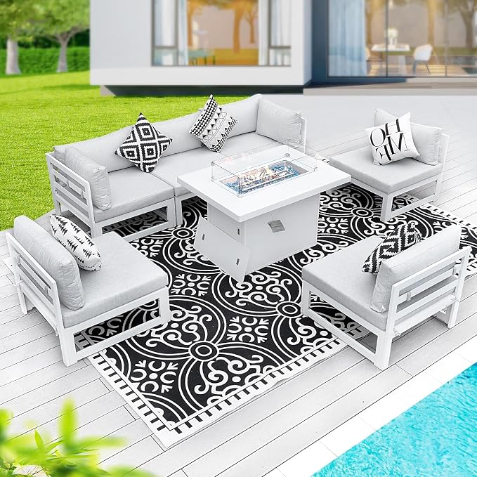 BULEXYARD 6 Person Large Modern Aluminum Outdoor Patio Furniture Set with Fireplace, 29" Wide Deep Seating, U Shaped Combo Sectional Couch, Water Resistant Conversation Set for Backyard Terrace, White