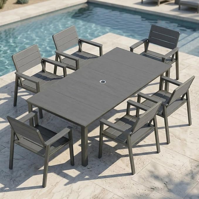 Kingdura 7 Piece Patio Dining Set for 6, HDPE & Metal Outdoor Table & Chairs with Umbrella Hole, All-Weather Outdoor Furniture Patio Conversation Set for Lawn Pool Backyard, Grey