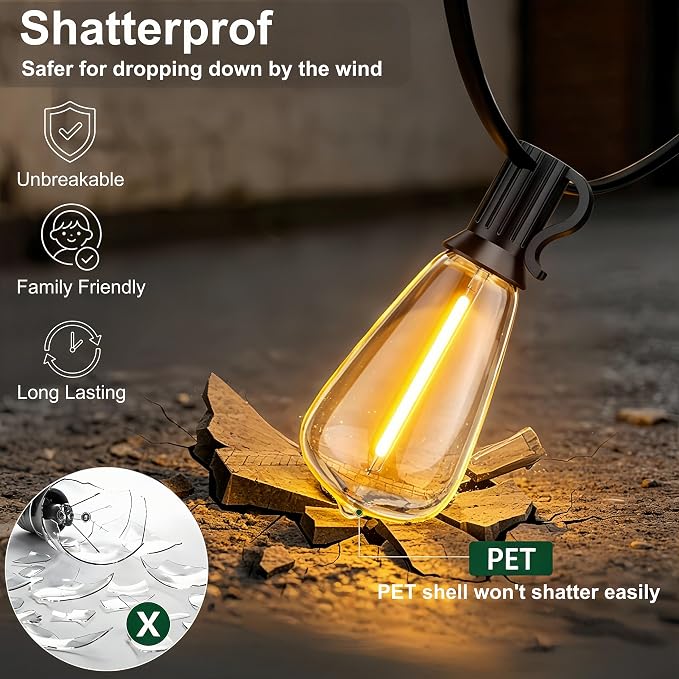Outdoor String Lights 50FT 26 LED, Waterproof Dimmable Patio Lights | Remote Control, Shatterproof Edison ST38 Bulbs, Timer, Plug-In, Warm White Hanging Light for Garden Yard Porch Deck Decor