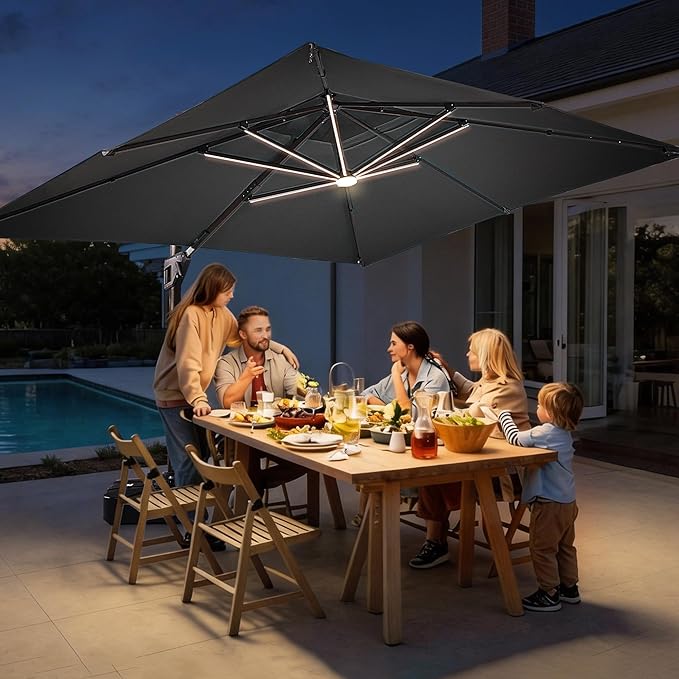 JZAC & QZYD 10X13 FT Outdoor Cantilever Patio Umbrella with Base Included and LED Lights, Large Heavy Duty 2-Tier Aluminum Offset Umbrellas with 360-Degree Rotation for Pool Deck, Grey