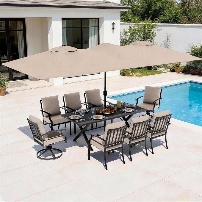 10 Pieces Patio Dining Set with Brown Umbrella,Outdoor Furniture Set Includes Hole Cut-Out Table and 6 Metal Backrest Chairs and 2 Swivel Chairs for Backyard,Garden,Poolside,Brown