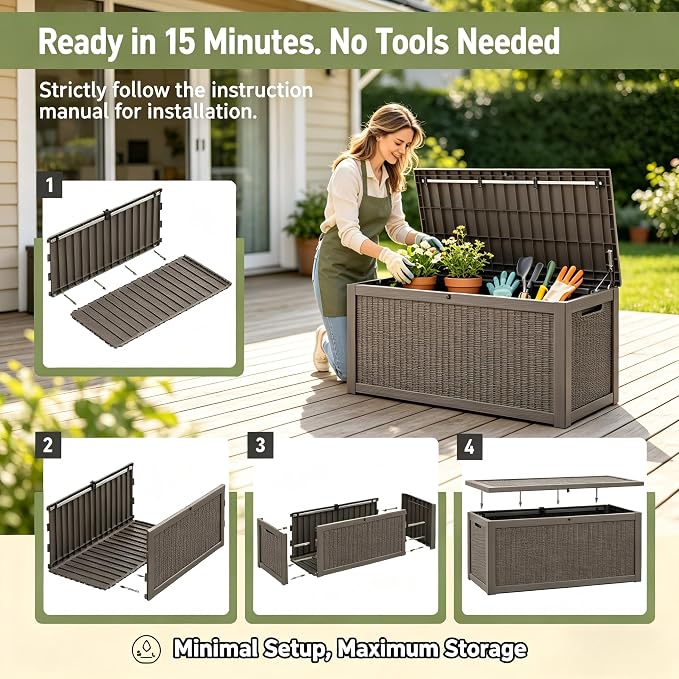 328 Gallon Waterproof Outdoor Storage Box, Heavy Duty Resin Deck Box Lockable, Large Outside Patio Storage Bench for Garden Tools & Pool Accessories,Hydraulic Lift, All-Season UV-Resistant, Gray Brown