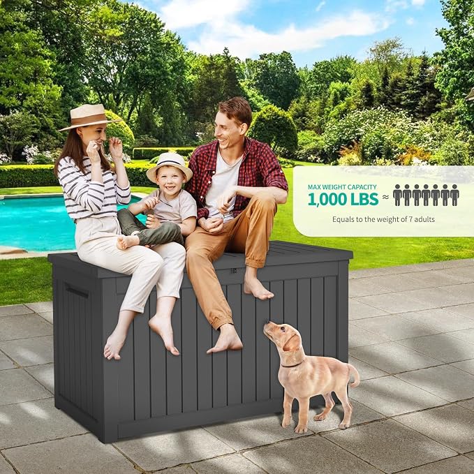 230 Gallon Patio Storage Box, Outdoor Resin Deck Box with Hydraulic Lid, Lockable & Waterproof for Garden Tools, Furniture Cushions, UV Resistant Outside Storage, Black
