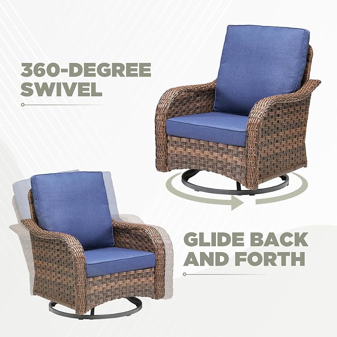 6 PCS Patio Furniture Set, Outdoor Wicker Sofa & 2 Swivel Rocking Chairs with 2 Ottomans & Side Table, 4-Inch Thick Olefin Cushions, 300 lbs Capacity Rattan Conversation Set for Porch, Blue