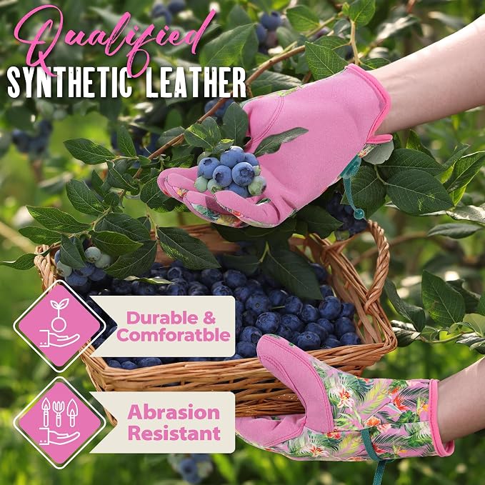 HANDLANDY Gardening Gloves for Women, Leather Garden Glove, Gardener Gift | Breathable Floral Ladies Leather Garden Yard Gloves, for Trimming, Weeding, Digging, Planting, Pruning