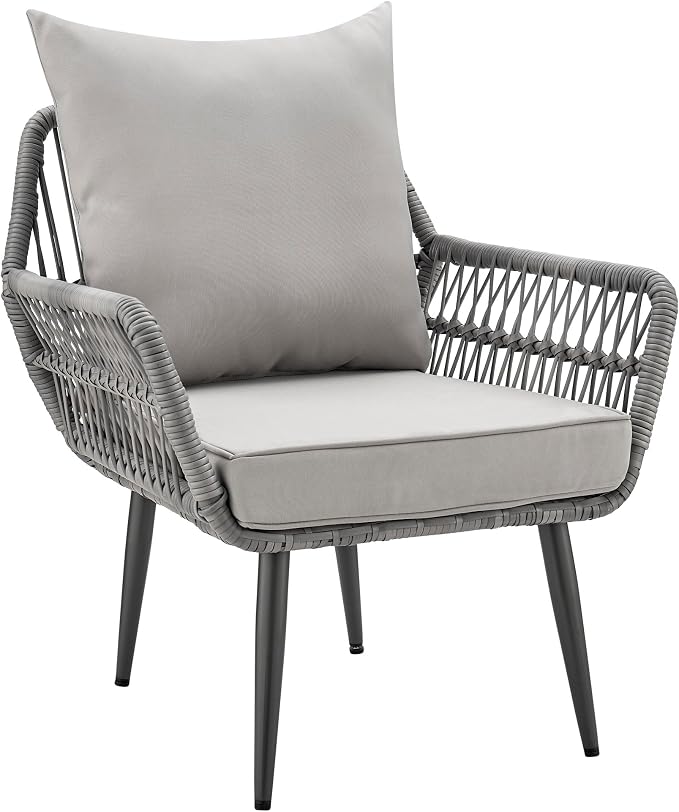 Manhattan Comfort Cannes 3-Piece Patio Conversation Set, Outdoor Furniture | Includes Modern Cushioned Rope Wicker Chairs & End Table, Removable & Washable Cushions, Tempered Glass Tabletop, Grey