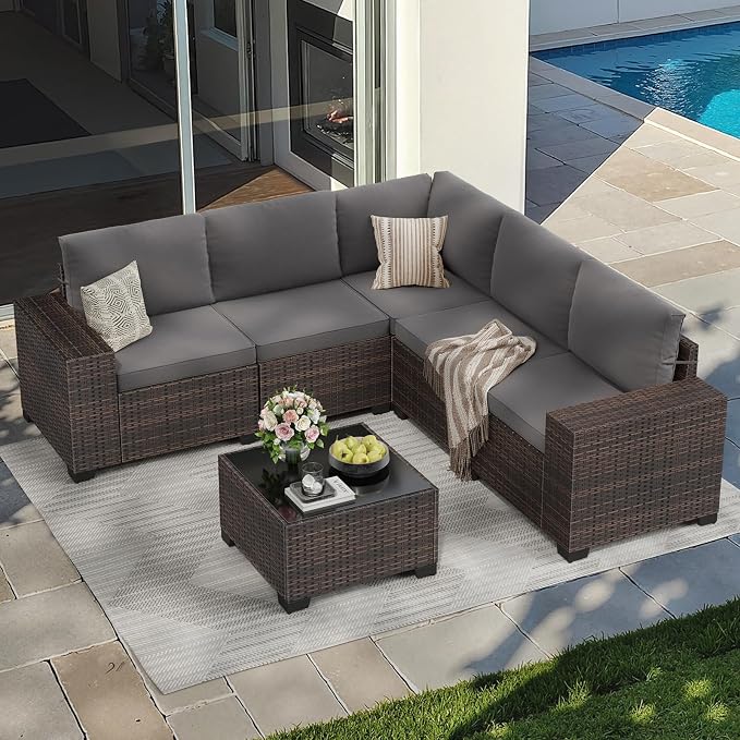 Soohow 6-Piece Patio Furniture Set All-Weather Outdoor Wicker Sectional Conversation Set with Cushion and Glass Table for Garden, Porch, Backyard, Grey Cushions