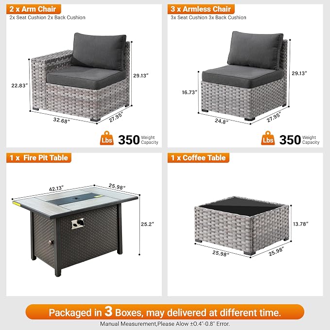 7-Piece Patio Furniture Set, Outdoor Wicker Rattan Patio Furniture Sectional Set with Coffee Table, All Weather Outdoor Fire Pit Conversation Set for Porch Backyard Balcony Garden, Black