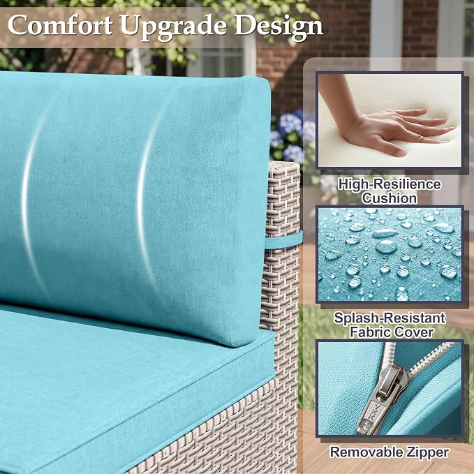 Patio Furniture Set, 18-Piece Outdoor Sectional Sofa with Swivel Rocker Chairs & Fire Pit Table, Wicker Patio Conversation Set with Coffee Table, Cyan Cushions