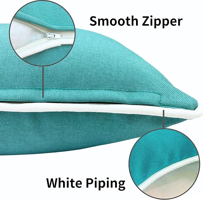 HER HWA Outdoor Throw Pillow Covers White Piping 18x18 Set of 2, Turquoise | durable fade-resistant water-resistant 100% polyester white piping smooth zipper machine washable for indoor outdoor décor
