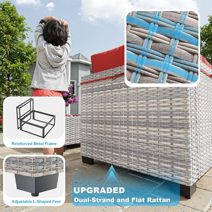 7-Piece Patio Furniture Set, Outdoor Sectional with Thick Cushions, Modular Patio Sofa, Dual-Strand Wicker Rattan, Rust-Resistant Frame, Backyard Furniture for Garden, Deck, Red