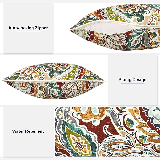 Outdoor Throw Pillows Inners, Fade Resistant Patio Furniture Square Pillows with Piping Set of 2 for Patio Furniture, 18x18 Inch, Paisley Chilli