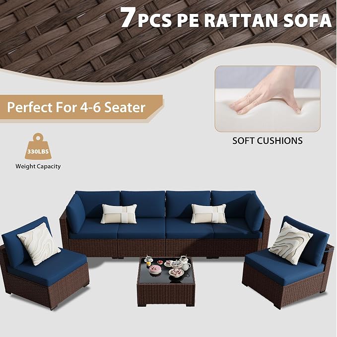 KIGOTY 7-Piece Patio Furniture Set, All-Weather PE Rattan Outdoor Sectional Sofa, Modular Wicker Conversation Set with Thick Cushions & Easy-Clean Coffee Table（Brown/Navy）