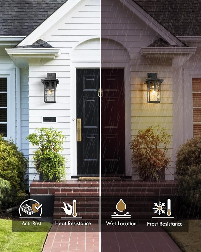 HWH INVESTMENT Outdoor Wall Lights, HWW Exterior Wall Lantern with Water Ripple Glass, Waterproof Porch Light Fixtures for Patio, Hallway, Matte Black, HX1B-SW BK (Large)