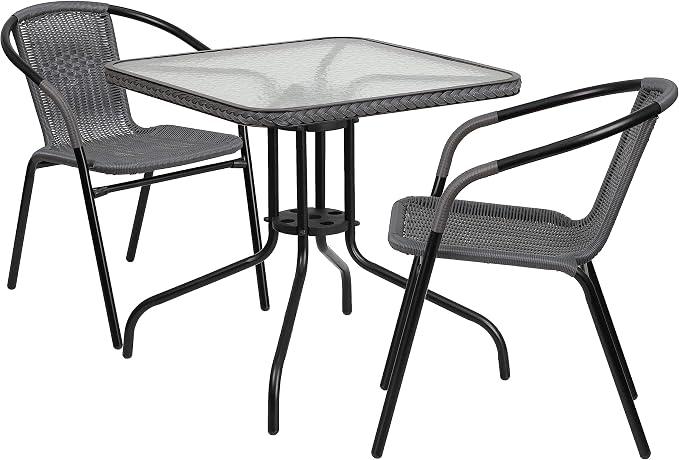 Flash Furniture Lila 28'' Square Glass Metal Table with Gray Rattan Edging and 2 Gray Rattan Stack Chairs
