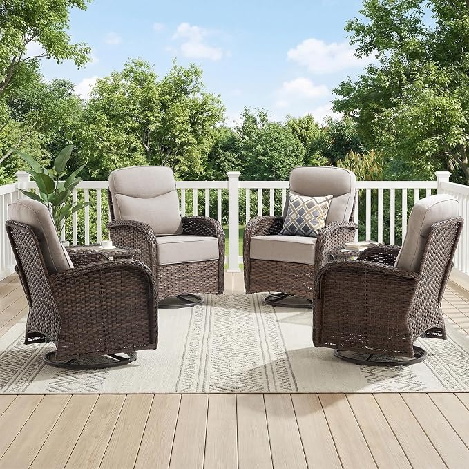 Outdoor Swivel Rocking Chair Patio Set (6PCS), High-Back - Thick Cushion Swivel Rocking Chair Patio Set, All-Weather Wicker Patio Furniture Set, Suitable for Balcony Patios, Brown/Beige