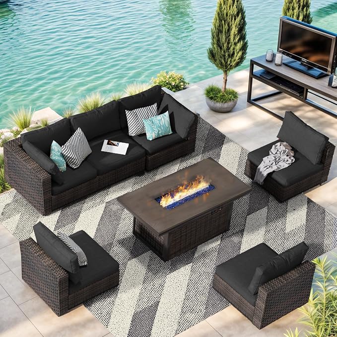 Grezone 7 Piece Patio Furniture Set with 44" Fire Pit Table, Outdoor Sectional Couch, PE Rattan Patio Conversation Sets with 4inch Cushions for Backyard Black (BK)