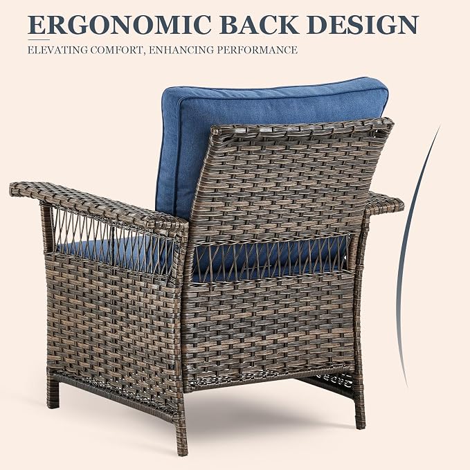 Patio Furniture Set - 2 Wicker Chairs with 2 Rattan Ottomans, 1 Wicker Side Table, Brown & Blue Cushions - 5pc Conversation Set for Garden, Balcony & Backyard
