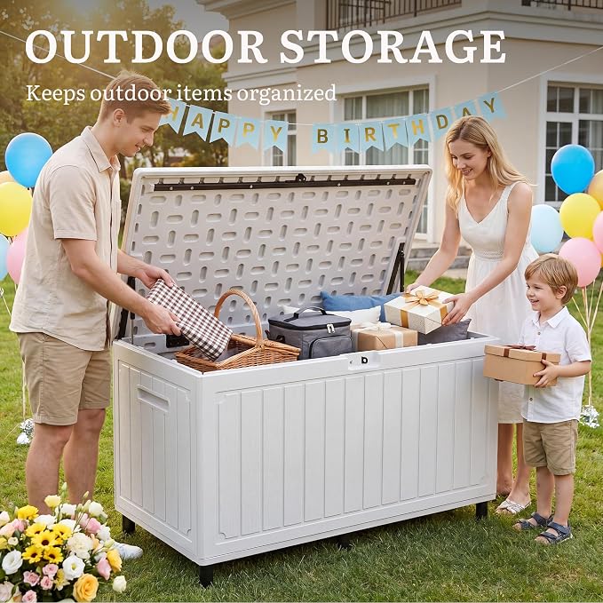 YITAHOME 90 Gallon Outdoor Storage Box with 6 Heavy-Duty Metal Legs & Ergonomic Dual Handles, Large Double-Wall Resin Deck Box, Lockable Waterproof Patio Organizer for Furniture, Cushions, White