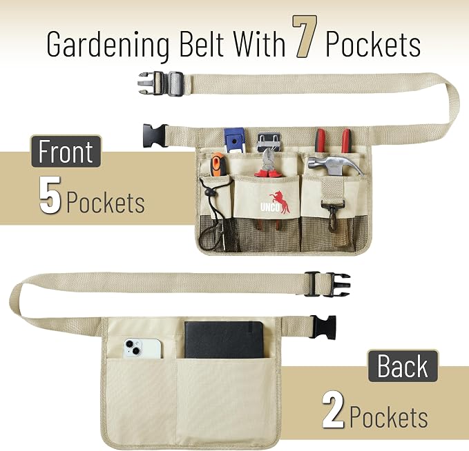 UNCO- Adjustable Gardening Belt, Beige, 7 Pockets, Wear, Cut and Water Resistant, Garden Tool Belt Pouch, Waist Apron with Pockets