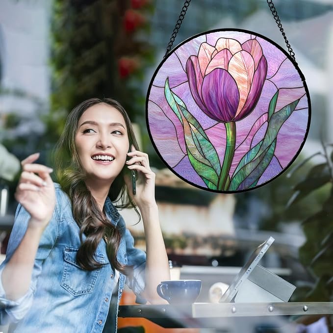 DASTOLL Stained Glass Window Hanging Purple Tulips Flower 6.3" - Suncatcher Door Garden Sun Catcher Home Decor Birthday Mother's Day for Mom Men Woman Parents Her Nana Friend