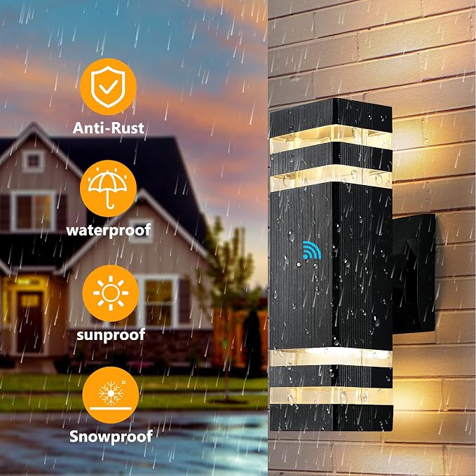 Dusk to Dawn Outdoor Wall Lights Fixture, Up and Down Porch Lights Outdoor Wall Black Modern Exterior Lights, IP65 Warm White 3000K Waterproof LED Wall Sconce for House Garage, 2 Pack