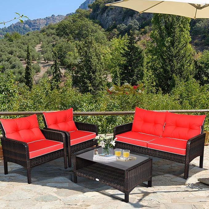 HAPPYGRILL 4-Piece Patio Furniture Set Outdoor Rattan Wicker Sofa Set with Cushions & Coffee Table, Conversation Sofa Set with Tempered Glass Table Top and Storage Shelf