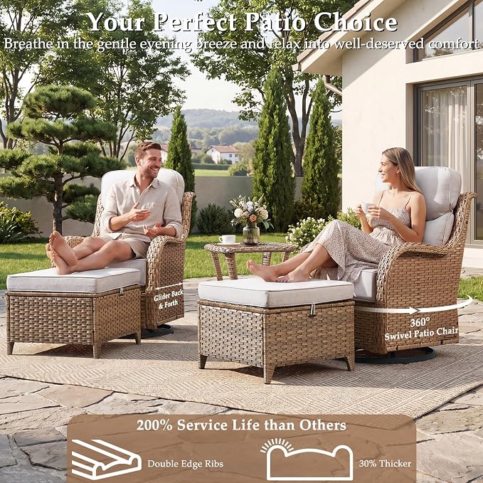 Luxury Outdoor Swivel Rocker Patio Chairs Set of 3, High Back Swivel Patio Chairs with Side Table & 6-Inch Thick Cushions, Wicker Outdoor Bistro Set for Porch, Yard, Deck, Poolside, Yellow/Beige