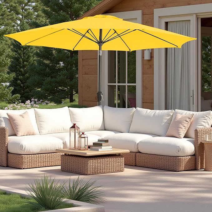 9FT Large Outdoor Patio Umbrella Market Table Umbrella-UV Resistant, Easy Push Button Tilt and Crank, 8 Sturdy Ribs Heavy-Duty Pool Umbrella for Deck,Yellow