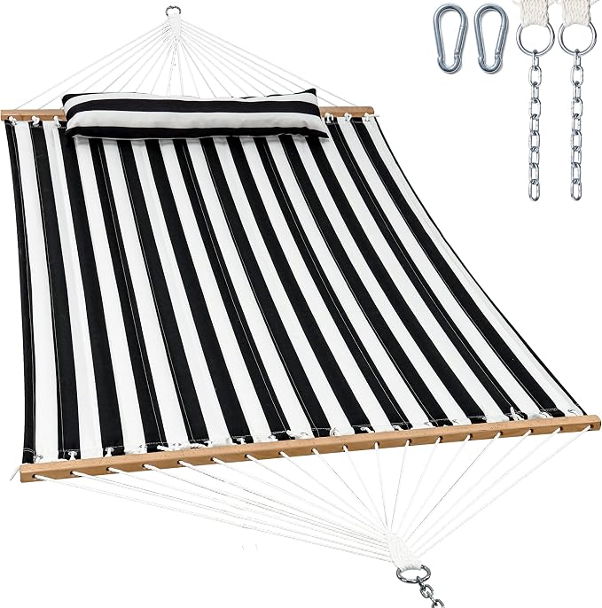 GAFETE Hammock 2 Person Quilted Fabric Hammocks for Outside, Double 12ft Hammocks with Spreader Bar, Large Removable Pillow, Storage Bag, Carabiners, Max 475 lbs Capacity (Black White)