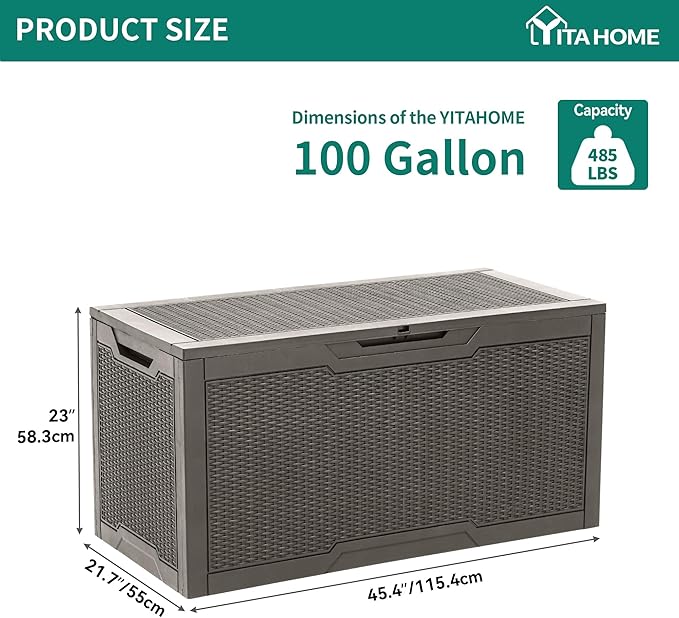 YITAHOME 100 Gallon Resin Deck Box, Weather Resistant Outdoor Storage Box, Lockable Indoor Outdoor Storage for Supplies and Essentials, Taupe