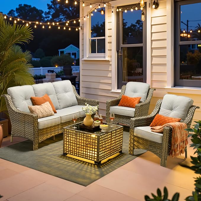 ovios 4 Piece Outdoor Patio Furniture with 3 Seat Sofa,Rattan Wicker Coversation Set with High Back,Sectional Single Sofa with Ottoman for Outside Porch Balcony Backyard Pool, Light Grey