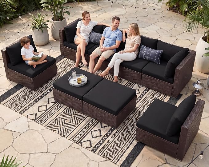 NICESOUL 8 Seater Modern Outdoor Seating Group, Plus Size Big Wicker Patio Modular Sectional with Ottoman, 29.3'' High Back Comfy Conversation Sets for Outside, Brown Rattan and Black Cushion