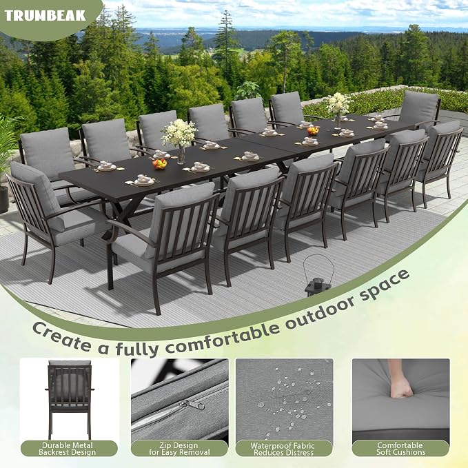 16-Piece Patio Dining Set Outdoor Conversation Set,Metal Outdoor Furniture Set with 2 Umbrella Hole Cut-Out 78.7" x 35.4" Tables and 14 Metal Backrest Chairs for Backyard,Garden,Grey