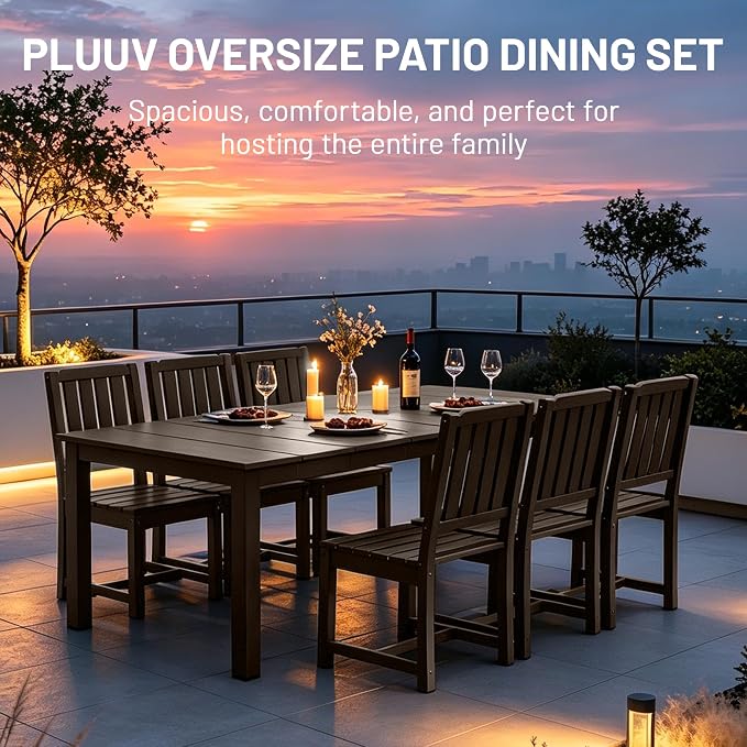 PLUUV 7-Piece Outdoor Dining Set – HDPE Patio Furniture with Umbrella Hole Table, Aluminum Legs, and 6 Armless Chairs, Weatherproof & Easy-Clean for Backyard, Garden, Coffee
