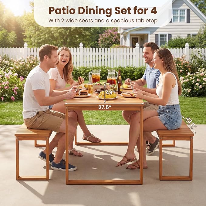 Tangkula 3 Pieces Patio Wooden Dining Set, Acacia Wood Rectangular Picnic Beer Table with 2 Benches for 4 People, Outdoor Dinner Furniture Set for Backyard, Garden and Poolside