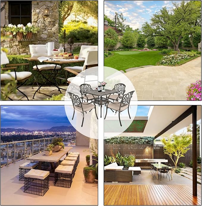 TITIMO 5-Piece Outdoor Patio Dining Set, Cast Aluminum Patio Furniture Set, 4 Chairs with Khaki Cushions and 35.4" Square Table, Cast Aluminum Conversation Set for Yard, Garden, Porch, Poolside