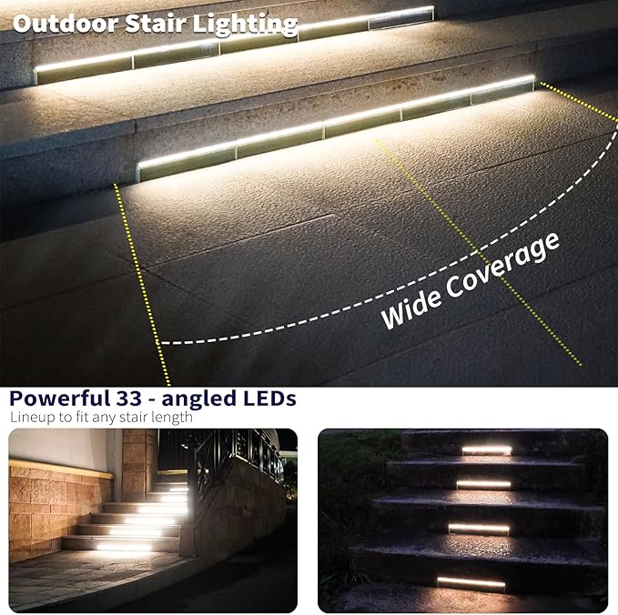 SHONELIGHTING Solar Step Lights for Outside, 33 Focused-Beam High-Brightness LEDs, Waterproof Aluminum Outdoor Stair Light for Risers, Curbsides, Poolsides, Planter Edges (Warm White, 12Pack)