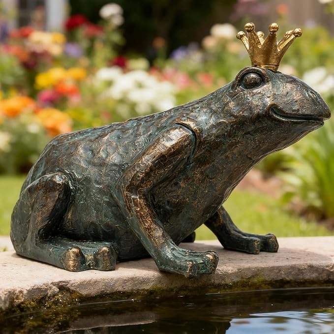 Crouching Frog Prince Garden Statue, Yard Decorations Outdoor Decor, Weather-Resistant Animal Figurines & Sculptures for Patio & Porch, 11.5" L×8" H