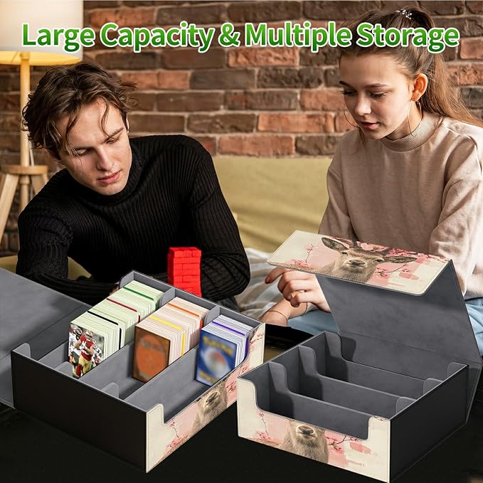 Large Card Deck Box for MTG, Fits 1200+ Sleeved Cards, PU Leather Storage Case with Strong Magnetic Closure, Multiple Colors for TCG CCG Baseball Card Collections, Peach Blossom Deer