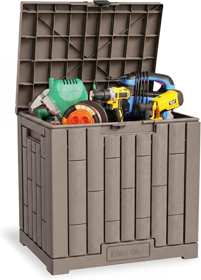 EAST OAK Outdoor Storage Box, 31 Gallon Deck Box, Waterproof Resin Storage Bin for Patio Cushions, Gardening Tools, Accessories, Lockable, UV Resistant, Brown