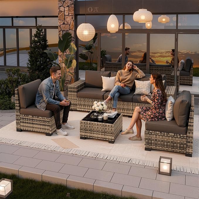 Patio Furniture Set, Wide Armrest Outdoor Furniture Set with Thick Cushions, 6 Piece Wicker Rattan Patio Sectional Sofa for Backyard, Poolside, Garden