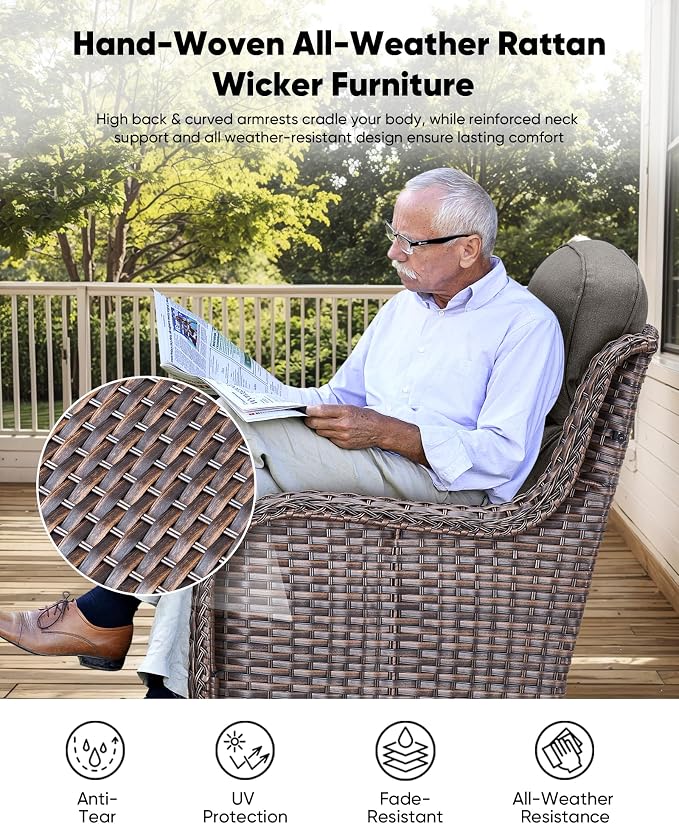 HUMMUH Outdoor Patio Wicker Swivel Rocker Chairs with 6-Inch Thick Cushion High Back 3 PCS Wicker Conversation Set for Porch Balcony Deck