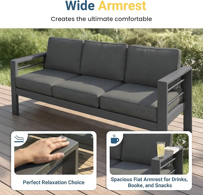 Wisteria Lane 5 Pieces Aluminum Patio Furniture Set with Umbrella, All Weather Oversized Outdoor Furniture Set with Deep Seat and Back Cushion, Patio Conversation Sets with Wide armrest, Gray & Gray