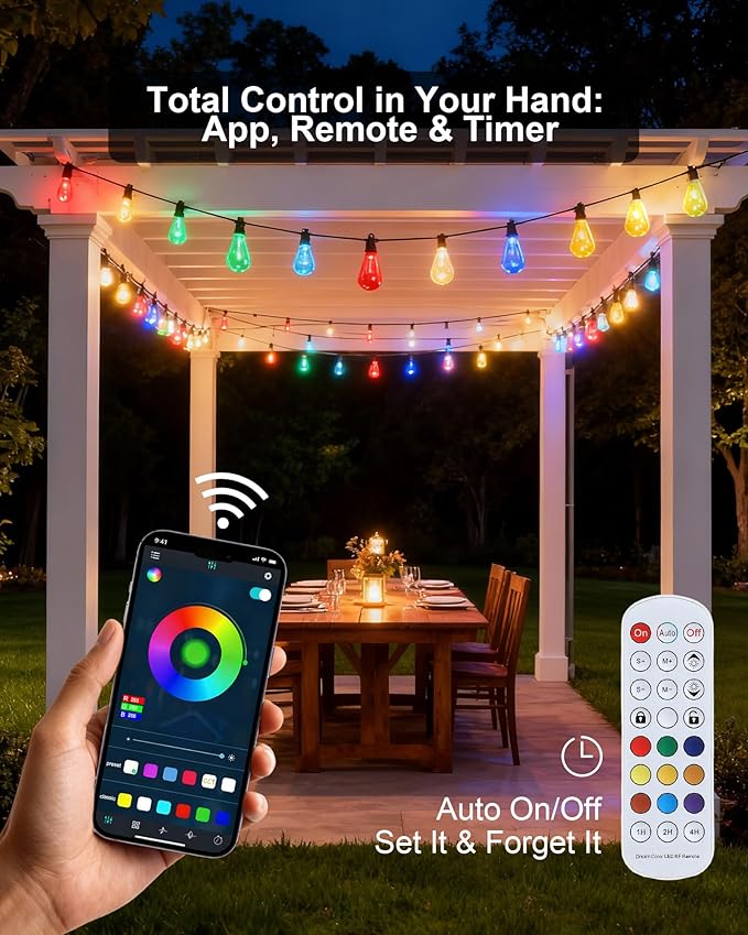 Smart Outdoor String Lights, 100FT (50FT*2) RGB Color Changing Patio Lights with Timer, 21-Key RF Remote and Bluetooth, IP65 Waterproof Shatterproof LED Lights for Backyard Balcony Garden Party Decor