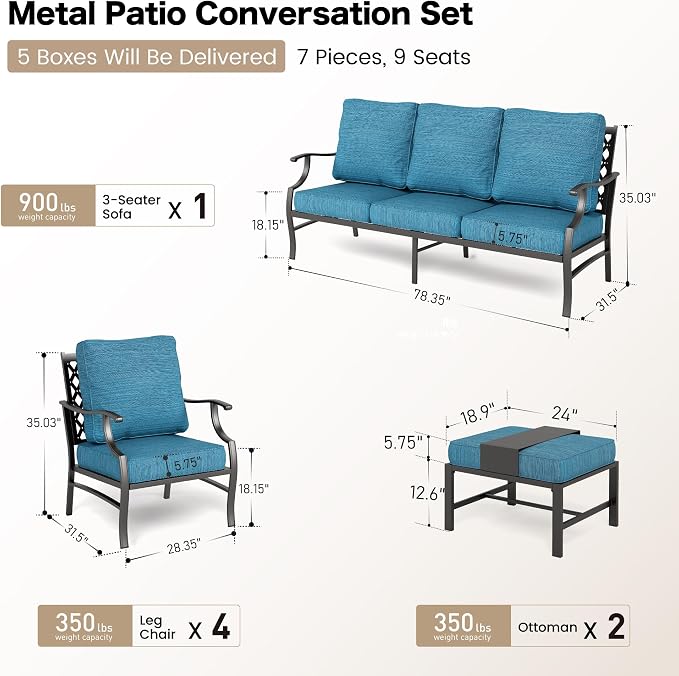 SUNSHINE VALLEY 7 Piece Metal Outdoor Patio Furniture Set, Patio Conversation Sets 3-seater Sofa, 4 Fixed Chair, 2 Ottomans with 5.75" Thick Cushion, Black All-weather Frame Backyard Furniture, Blue-2