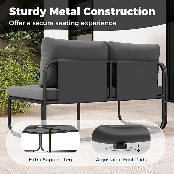 Tangkula 4 Pieces L Shaped Patio Furniture Set, Outdoor Metal Sectional Sofa Couch with Cushions and Tempered Glass Coffee Table, Outside Conversation Set for Garden, Deck and Yard (Gray,2)
